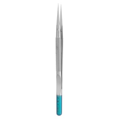 Pinzas de precisión de acero inoxidable con punta afilada y mango azul.